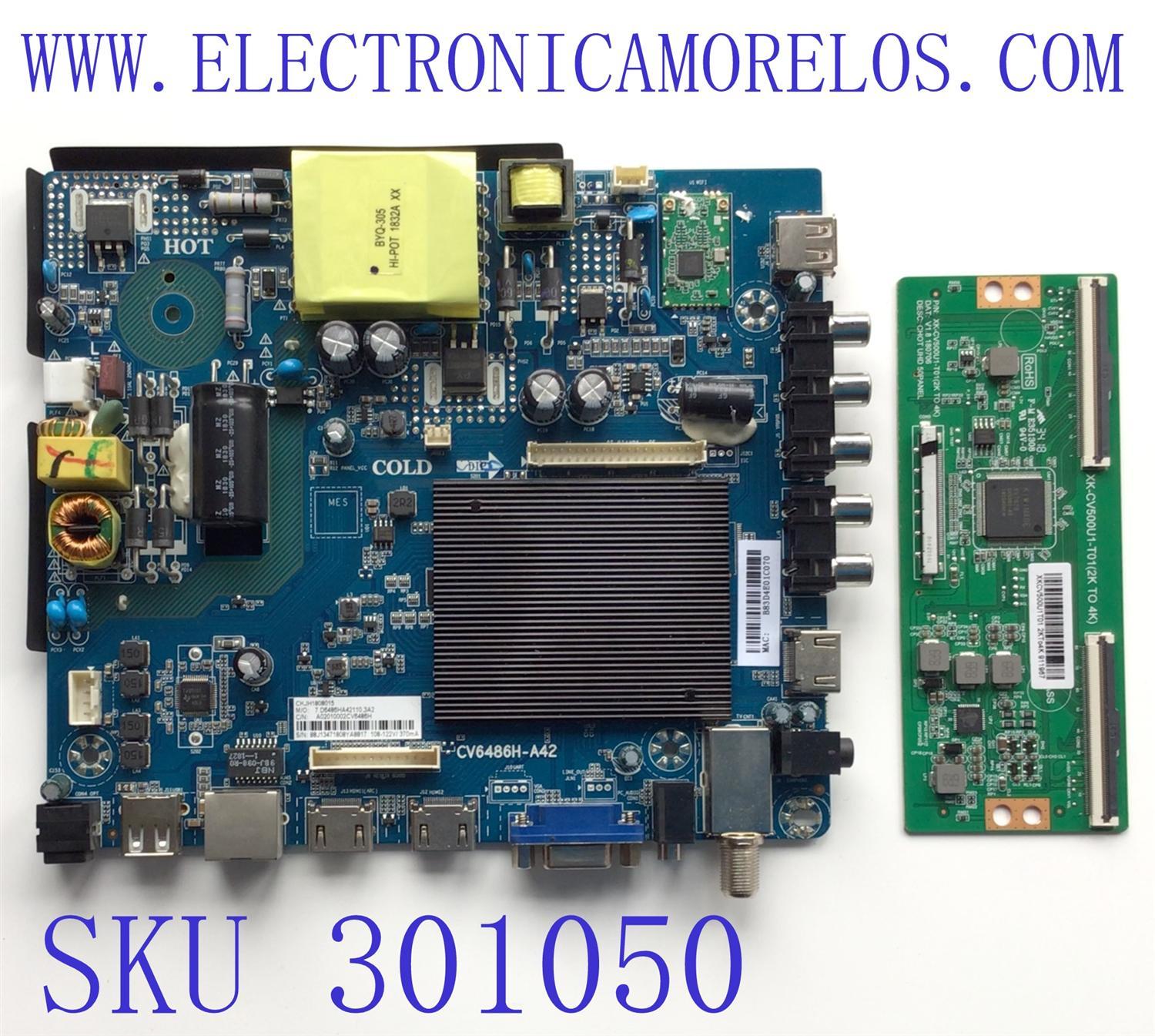 KIT DE TARJETAS PARA TV ELEMENT / MAIN FUENTE A02010002CV5486H / CV6486H-A42 / 7.D6486HA42110.3A2 / 88J13471808YA8817 / CKJH1808015 / T-CON XKCV500U1T01 2KTO4K  / XK-CV500U1-T01(2K TO 4K) / V1.8 180706 / DISPLAY CV500U1-T01 REV:01 / MODELO E2SW5018